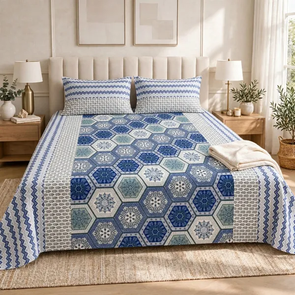Parth_Royal_Blue_&_Teal_Geometric_Hexagonal_Printed_Cotton_Double_Bedsheet_with_2_Matching_Pillow_Covers_–_Mandalic_Tile_Pattern_Bedding_Set