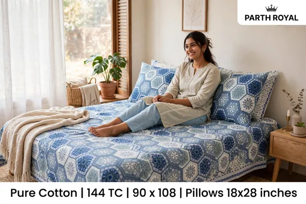 Parth_Royal_Blue_&_Teal_Geometric_Hexagonal_Printed_Cotton_Double_Bedsheet_with_2_Matching_Pillow_Covers_–_Mandalic_Tile_Pattern_Bedding_Set