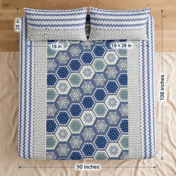 Parth_Royal_Blue_&_Teal_Geometric_Hexagonal_Printed_Cotton_Double_Bedsheet_with_2_Matching_Pillow_Covers_–_Mandalic_Tile_Pattern_Bedding_Set