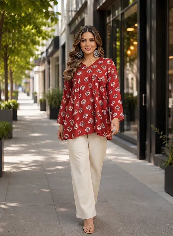 Red_Cotton_Flared_Printed_Kurti_For_Women