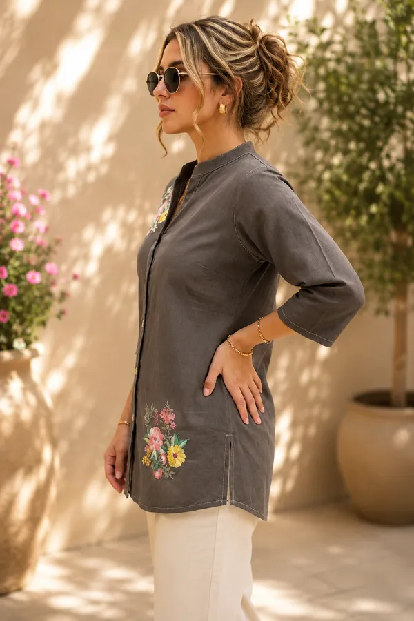 Grey_Cotton_Floral_Embroidered_Button_Front_Tunic_For_Women