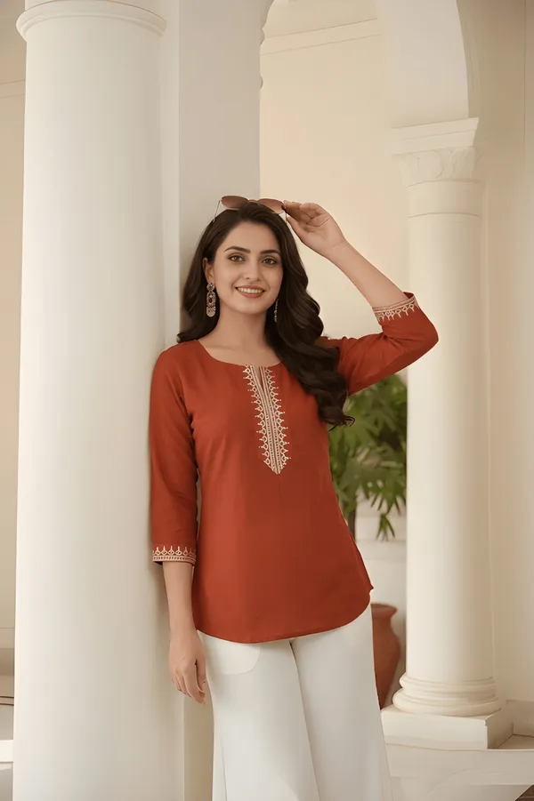 Rust_Roman_Silk_Straight_Embroidered_Kurta_For_Women