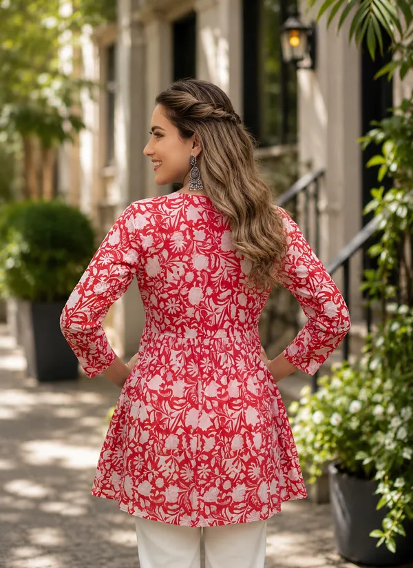 Red_Cotton_Flared_Floral_Print_Kurti_For_Women