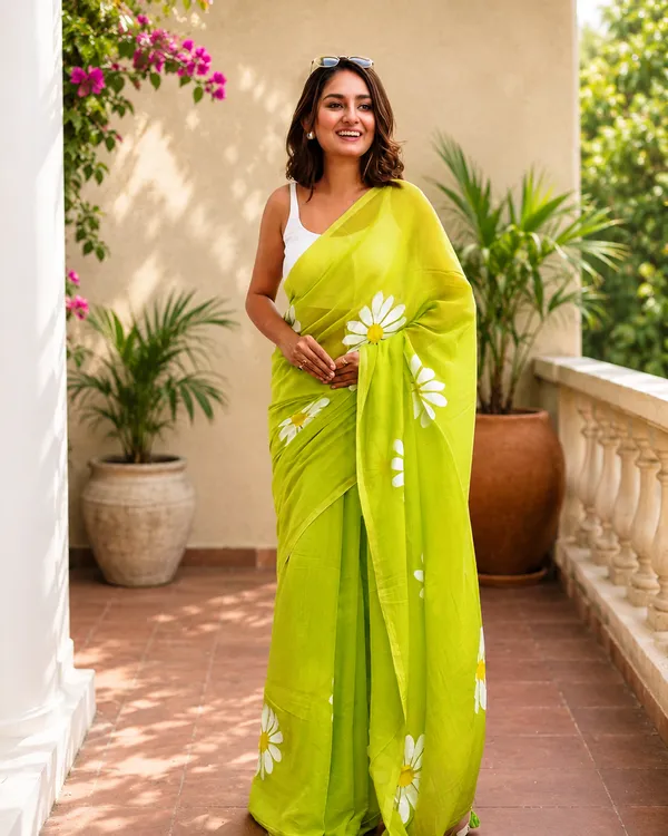 Green_Linen_Cotton_Floral_Print_Saree_For_Women