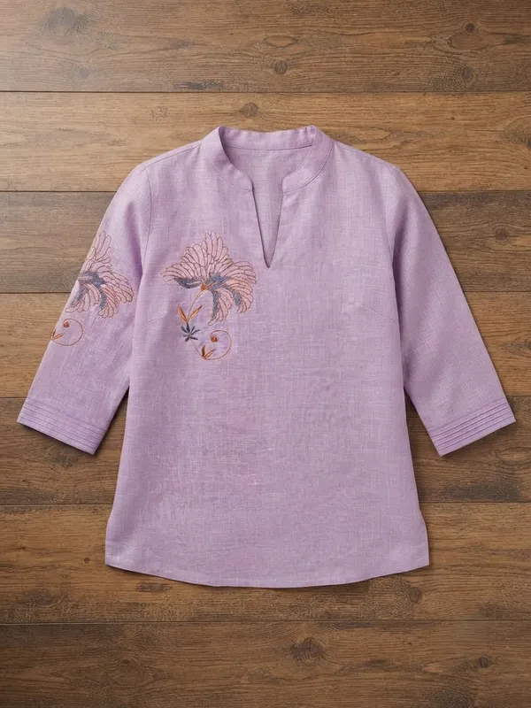Lavender_Linen_Cotton_Relaxed_Fit_Embroidered_Kurta_For_Women