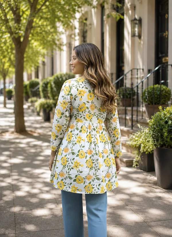 White_And_Yellow_Cotton_Fit_And_Flare_Floral_Printed_Kurti_For_Women