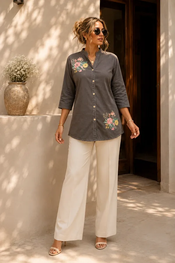 Grey_Cotton_Floral_Embroidered_Button_Front_Tunic_For_Women