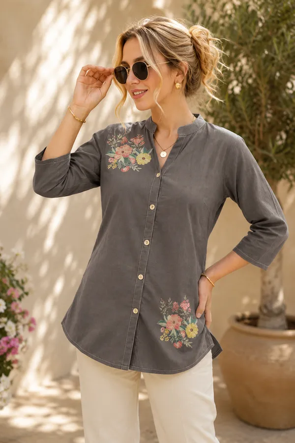 Grey_Cotton_Floral_Embroidered_Button_Front_Tunic_For_Women