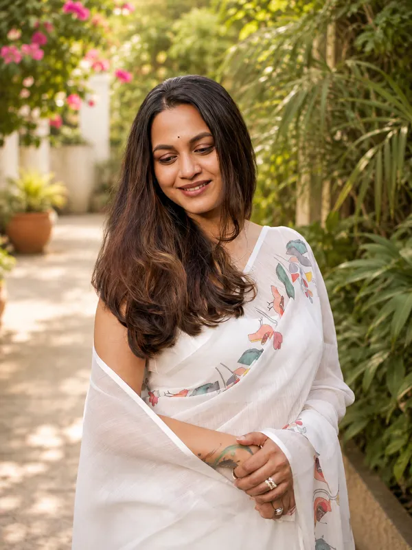 White_Linen_Cotton_Floral_Print_Saree_For_Women