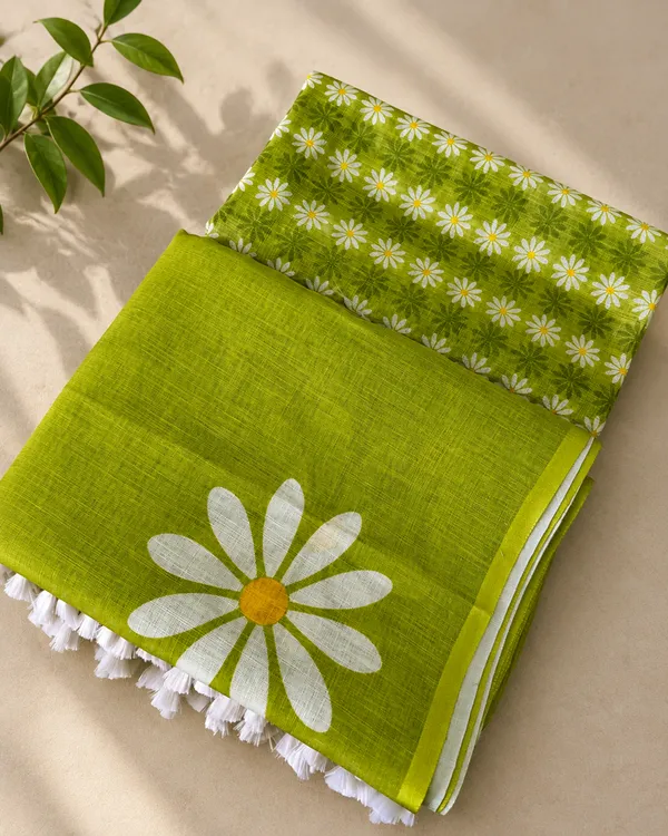 Green_Linen_Cotton_Floral_Print_Saree_For_Women