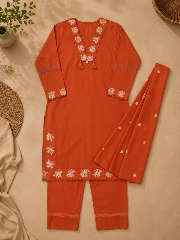 Orange_Cotton_Straight_Embroidered_Kurta_Set_For_Women