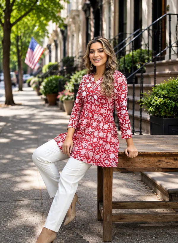 Red_Cotton_Flared_Floral_Print_Kurti_For_Women