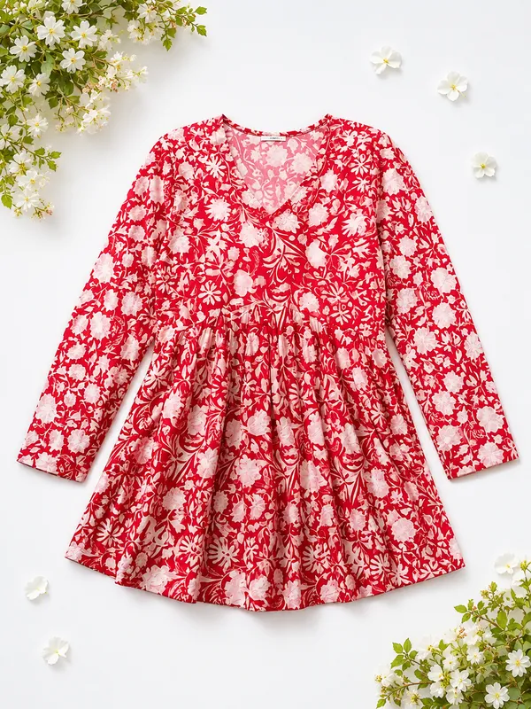 Red_Cotton_Flared_Floral_Print_Kurti_For_Women