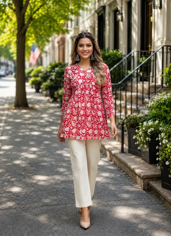 Red_Cotton_Flared_Floral_Print_Kurti_For_Women