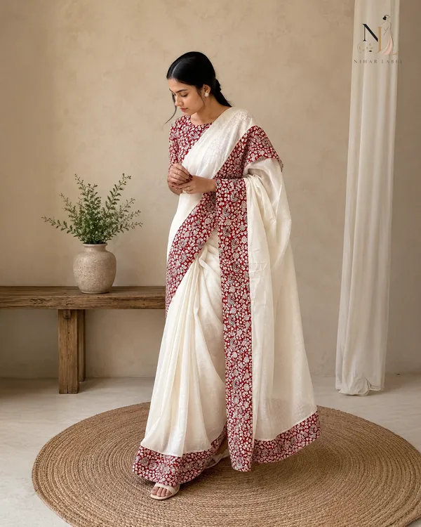 Ivory_Linen_Cotton_Floral_Printed_Saree_For_Women
