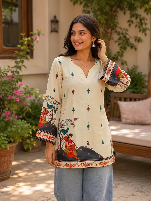 Cream_Cotton_Straight_Printed_Kurti_For_Women