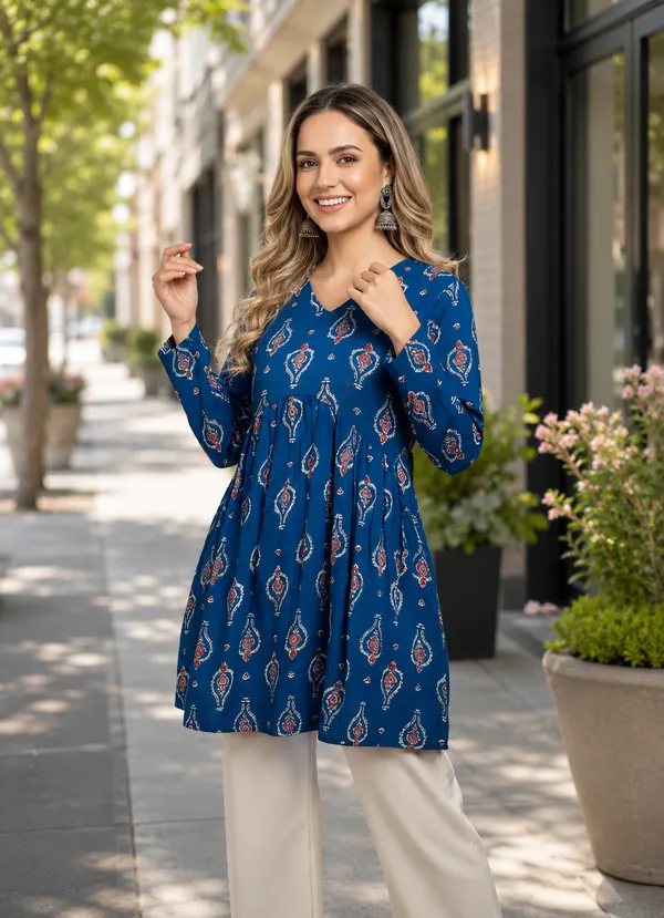 Blue_Cotton_Gathered_Paisley_Print_Kurti_For_Women