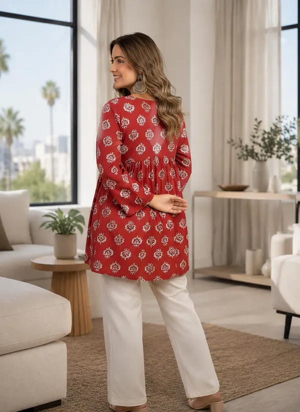 Red_Cotton_Flared_Printed_Kurti_For_Women