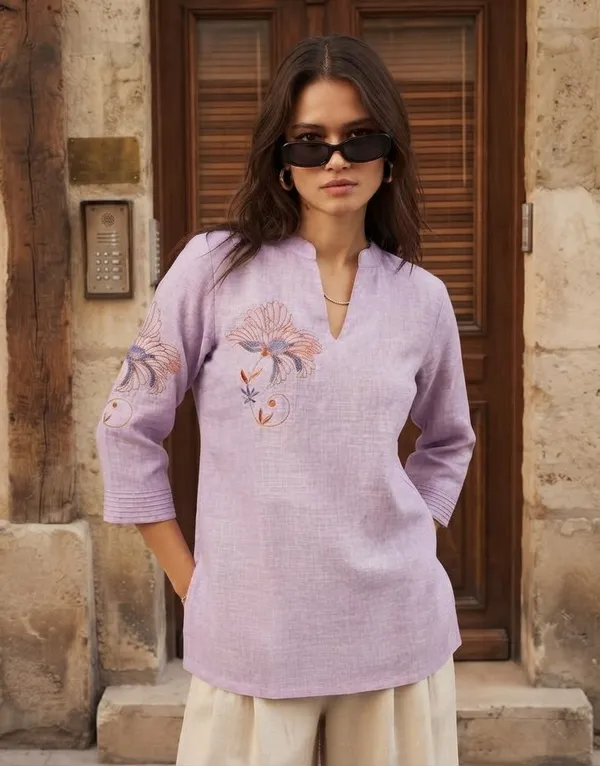 Lavender_Linen_Cotton_Relaxed_Fit_Embroidered_Kurta_For_Women