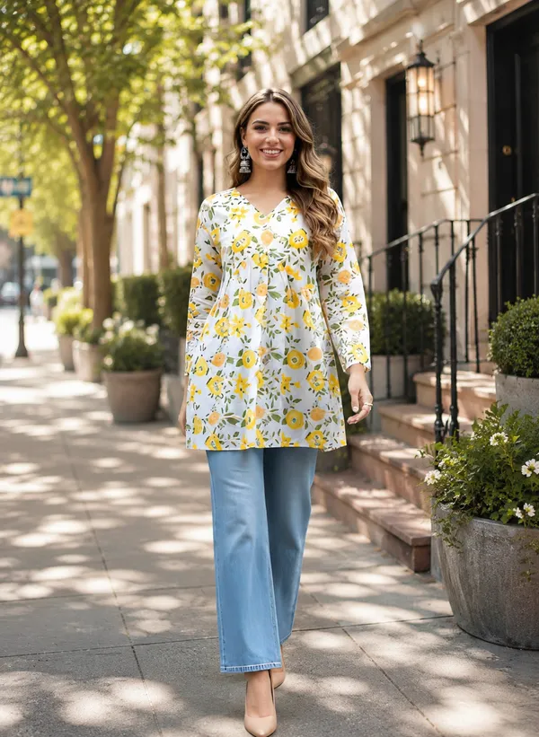 White_And_Yellow_Cotton_Fit_And_Flare_Floral_Printed_Kurti_For_Women