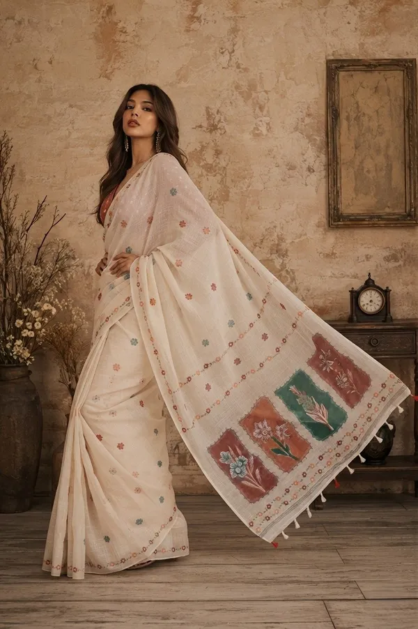 Cotton_Printed_Saree_Featuring_Contrasting_Floral_Pallu_and_Blouse_Piece