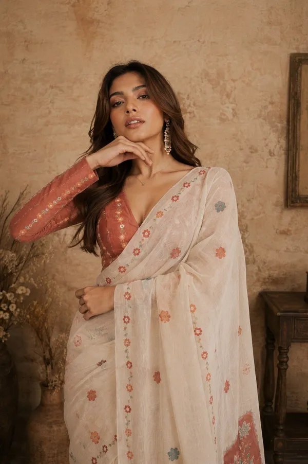 Cotton_Printed_Saree_Featuring_Contrasting_Floral_Pallu_and_Blouse_Piece