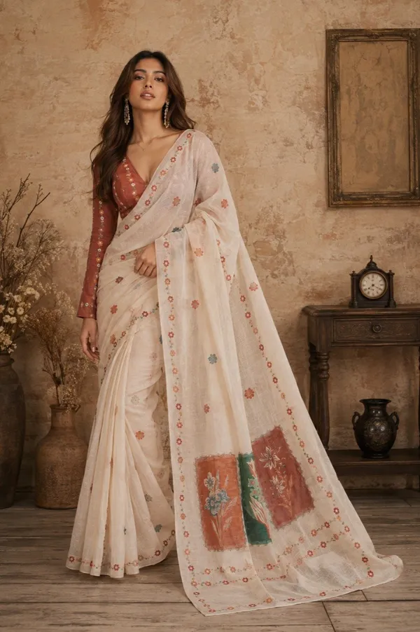 Cotton_Printed_Saree_Featuring_Contrasting_Floral_Pallu_and_Blouse_Piece