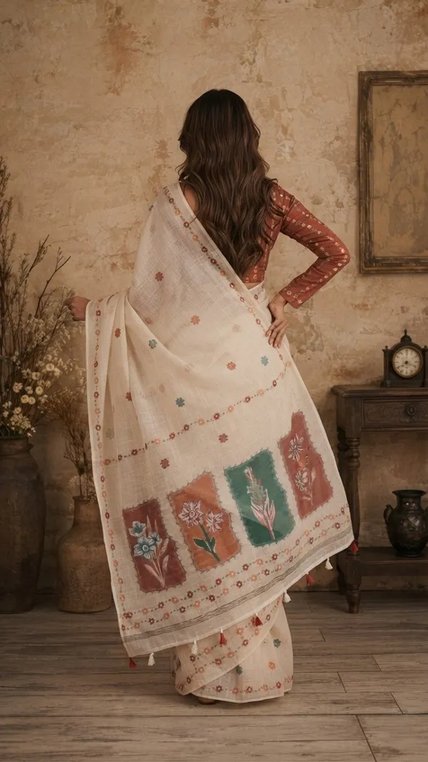 Cotton_Printed_Saree_Featuring_Contrasting_Floral_Pallu_and_Blouse_Piece