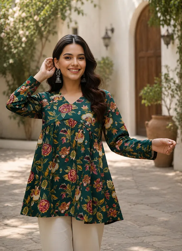 Teal_Cotton_Flared_Floral_Print_Tunic_For_Women
