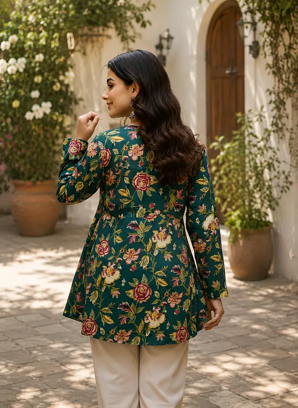 Teal_Cotton_Flared_Floral_Print_Tunic_For_Women