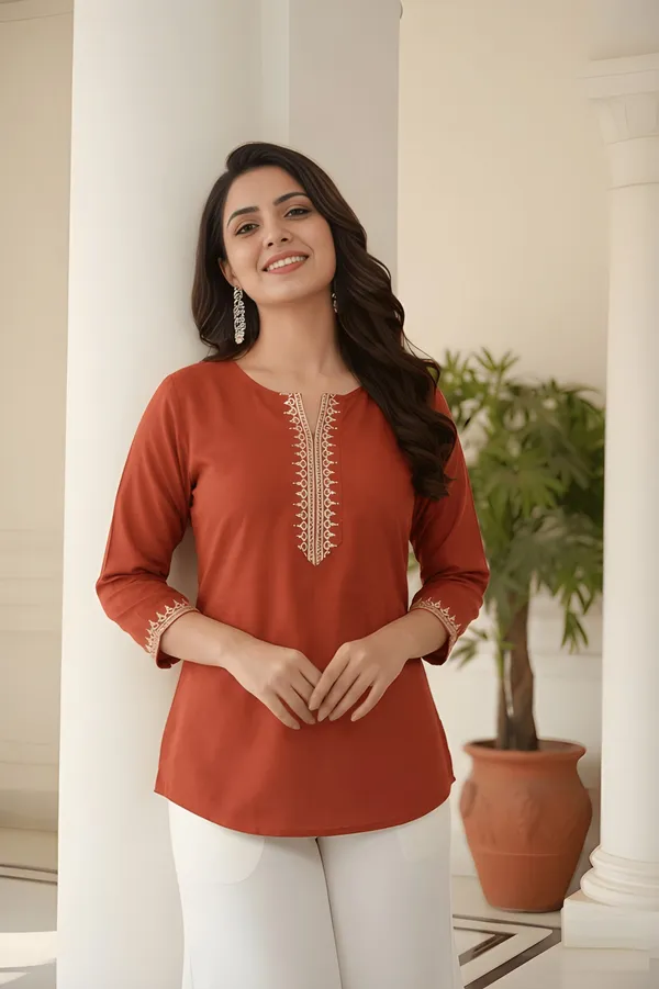 Rust_Roman_Silk_Straight_Embroidered_Kurta_For_Women