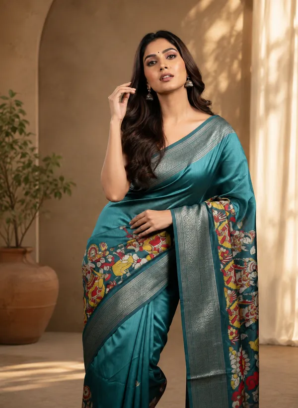 Teal_Art_Silk_Kalamkari_Printed_Saree_For_Women