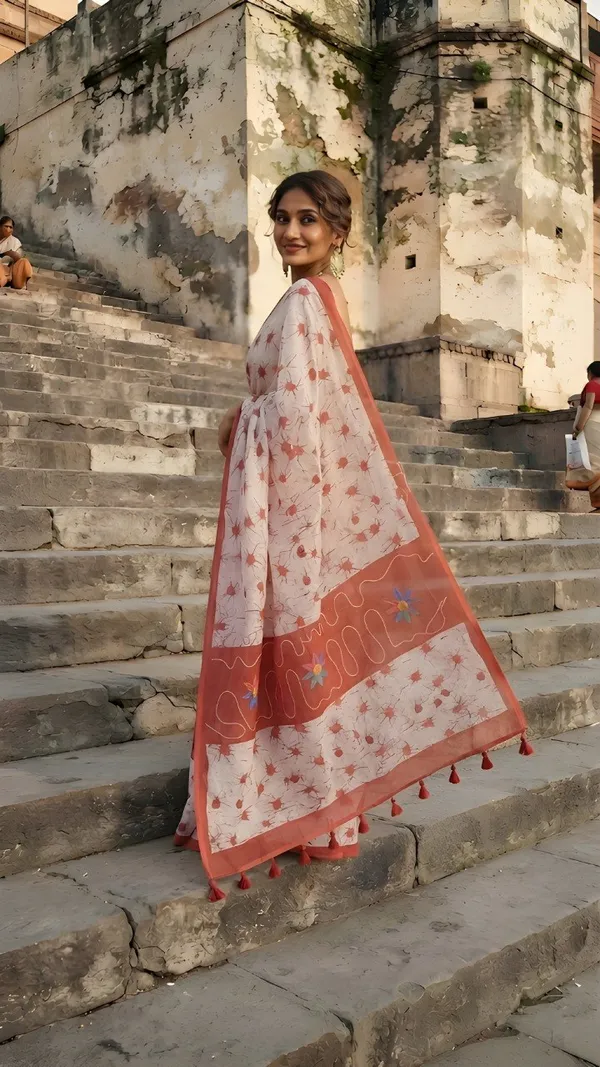 Elegance_Red_&_White_Floral_Printed_Cotton_Saree_with_Matching_Blouse_Piece
