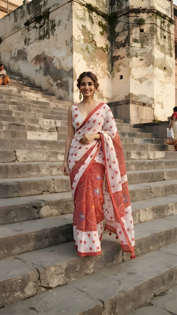 Elegance_Red_&_White_Floral_Printed_Cotton_Saree_with_Matching_Blouse_Piece