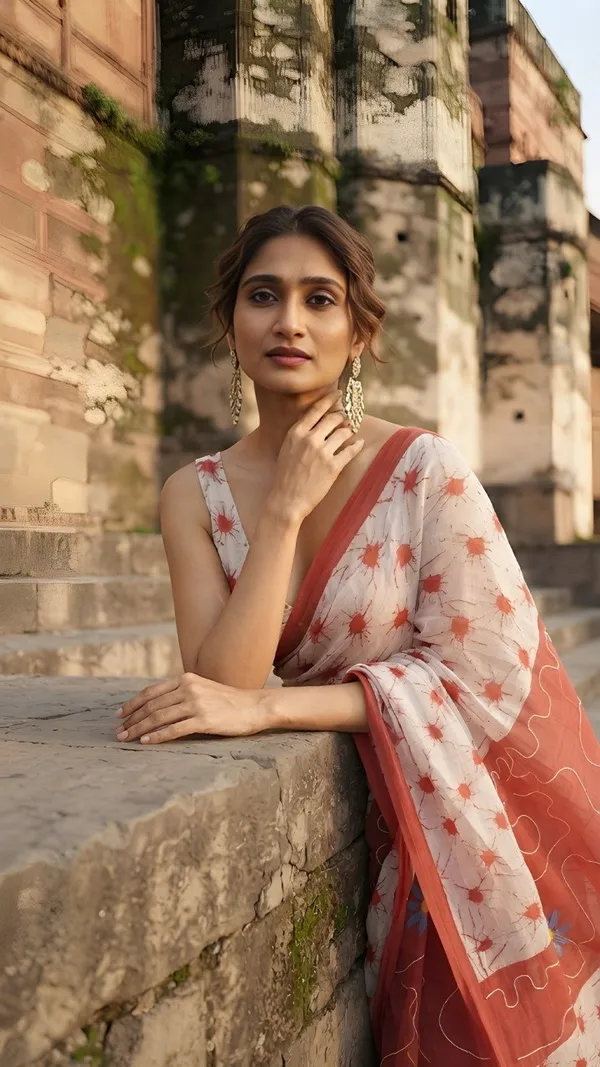 Elegance_Red_&_White_Floral_Printed_Cotton_Saree_with_Matching_Blouse_Piece