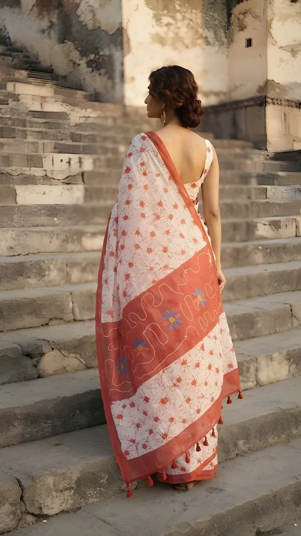 Elegance_Red_&_White_Floral_Printed_Cotton_Saree_with_Matching_Blouse_Piece