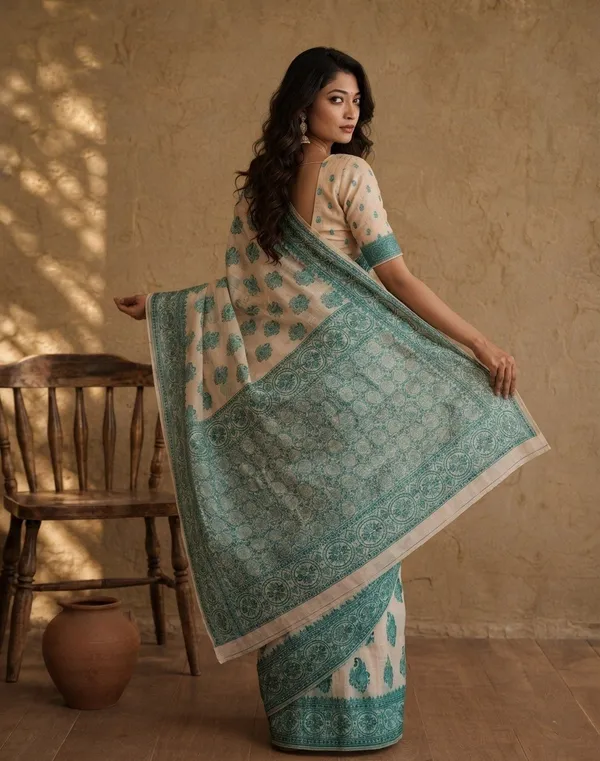 Elegant_Beige_and_Teal_Blue_Cotton_Weaving_Saree