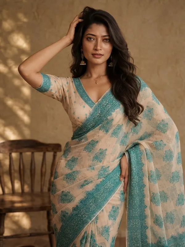 Elegant_Beige_and_Teal_Blue_Cotton_Weaving_Saree