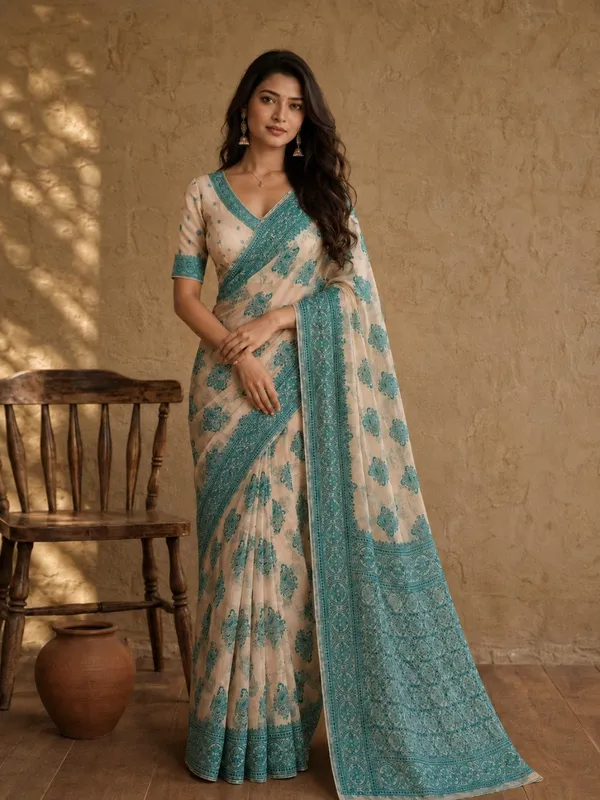 Elegant_Beige_and_Teal_Blue_Cotton_Weaving_Saree