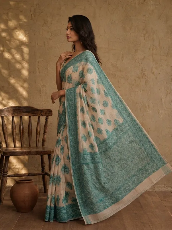 Elegant_Beige_and_Teal_Blue_Cotton_Weaving_Saree