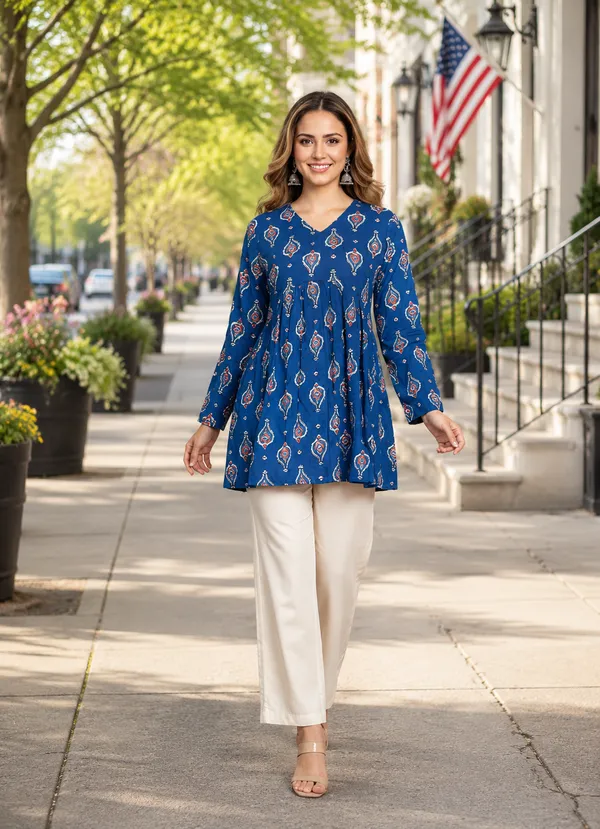 Blue_Cotton_Gathered_Paisley_Print_Kurti_For_Women