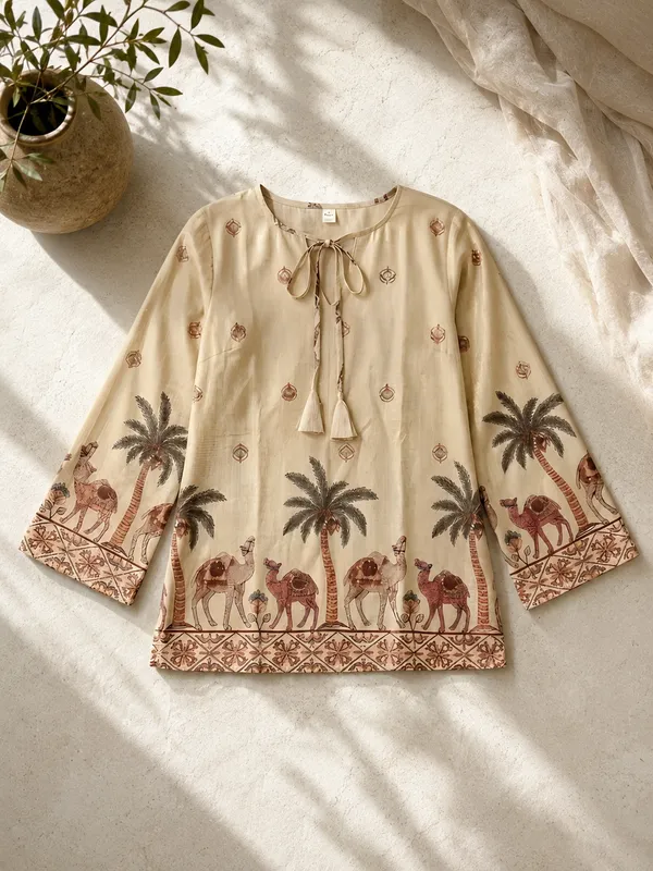Beige_Cotton_Flared_Kalamkari_Print_Kurti_For_Women
