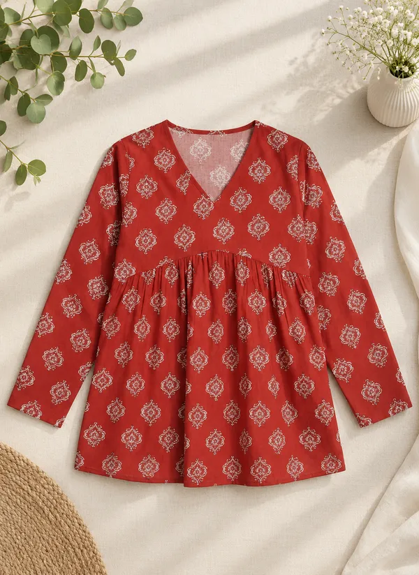 Red_Cotton_Flared_Printed_Kurti_For_Women