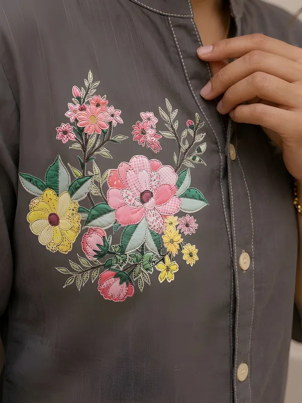 Grey_Cotton_Floral_Embroidered_Button_Front_Tunic_For_Women
