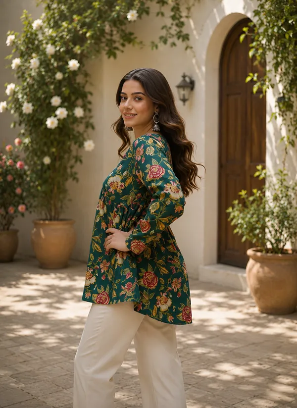 Teal_Cotton_Flared_Floral_Print_Tunic_For_Women