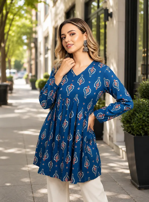 Blue_Cotton_Gathered_Paisley_Print_Kurti_For_Women