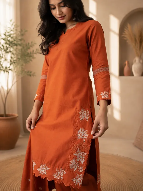 Orange_Cotton_Straight_Embroidered_Kurta_Set_For_Women