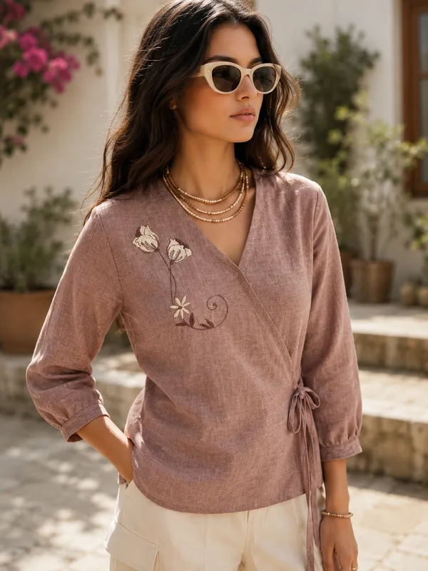 Mauve_Linen_Cotton_Wrap_Embroidered_Top_For_Women