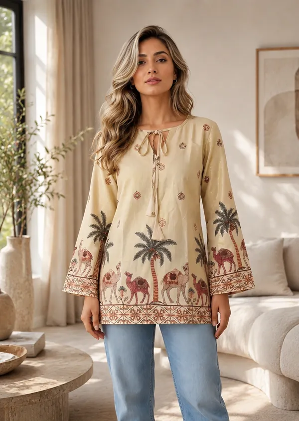 Beige_Cotton_Flared_Kalamkari_Print_Kurti_For_Women