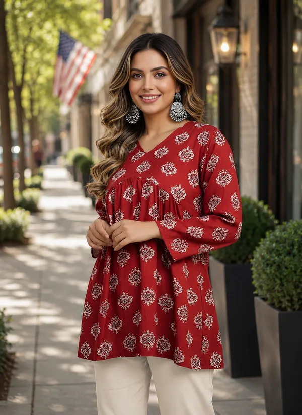 Red_Cotton_Flared_Printed_Kurti_For_Women